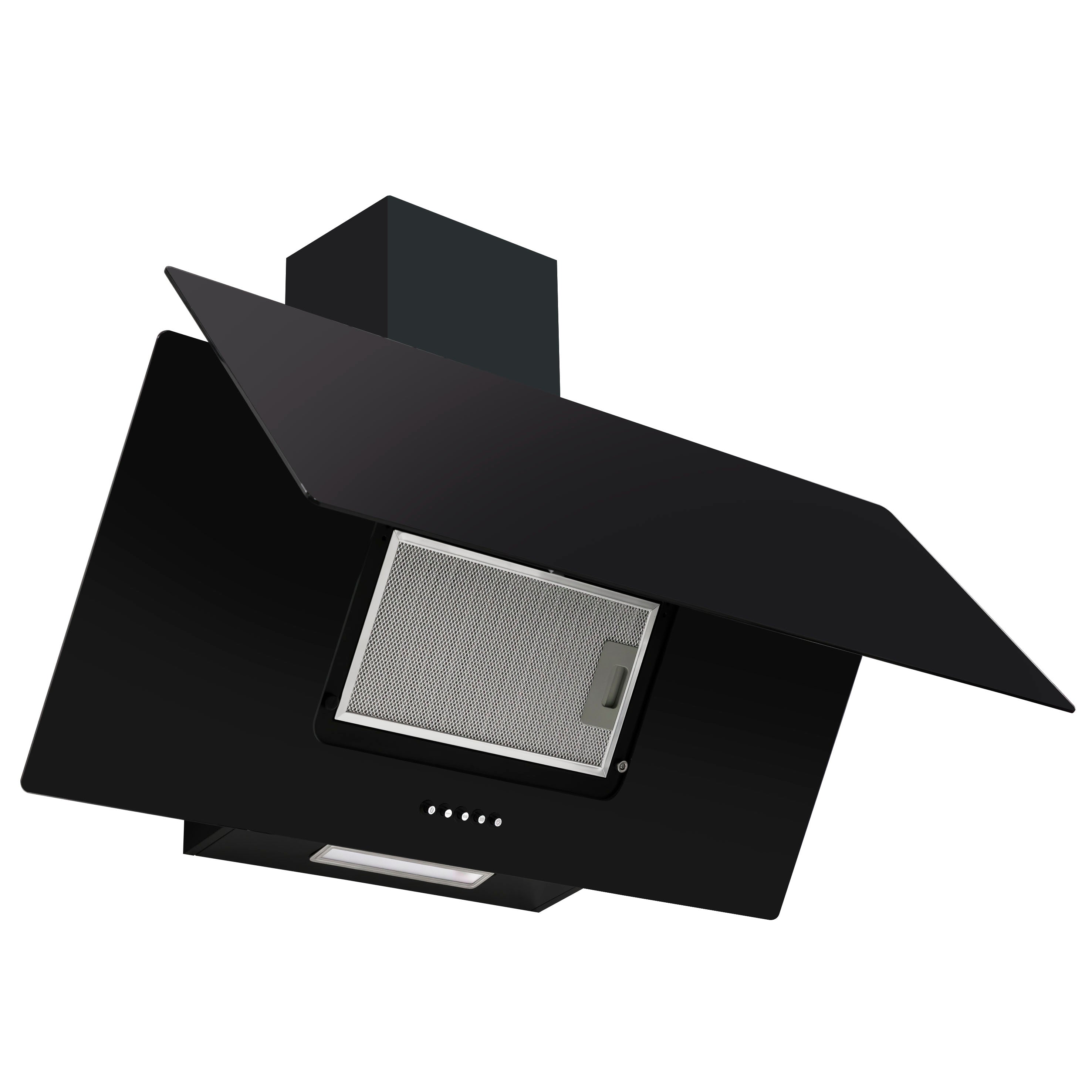 Baridi 90cm Angled Chimney Cooker Hood with Carbon Filters & LED Light - Black Glass Kitchen Extractor Fan - DH106 - Perfect for Modern Kitchens & Open-Plan Living Spaces