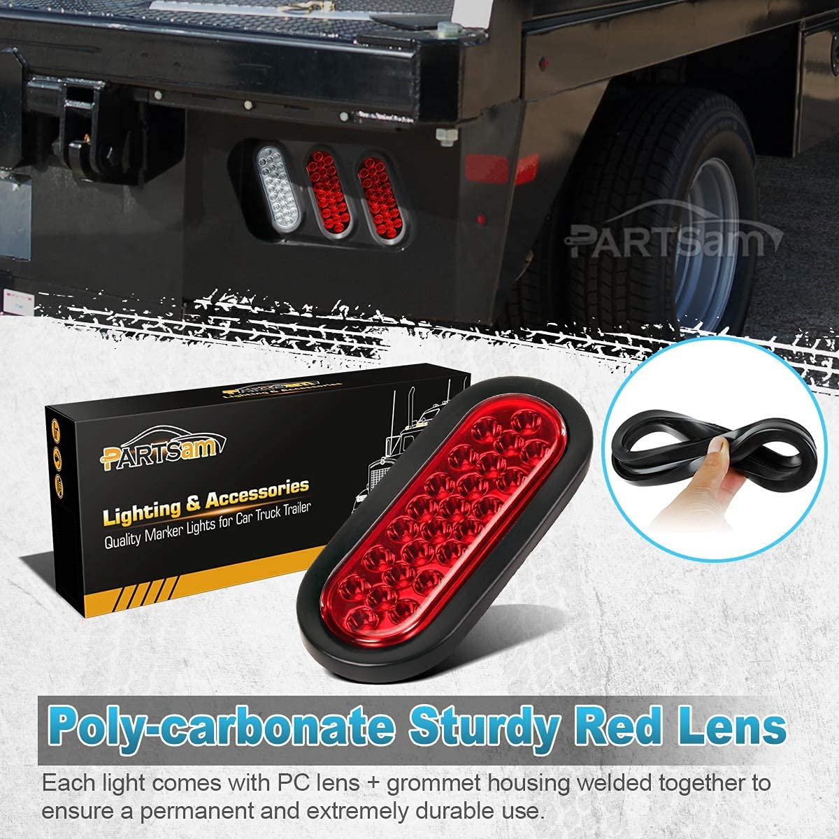 Partsam 2-Pack 6 Inch Red Oval LED Trailer Tail Lights with 24 LEDs + 5-Pack 2 Inch Red Round Sealed Clearance Marker Lights - Grommet Mount, Pigtails Hardwired - Perfect for Semi Trucks, Trailers, Boats & RVs