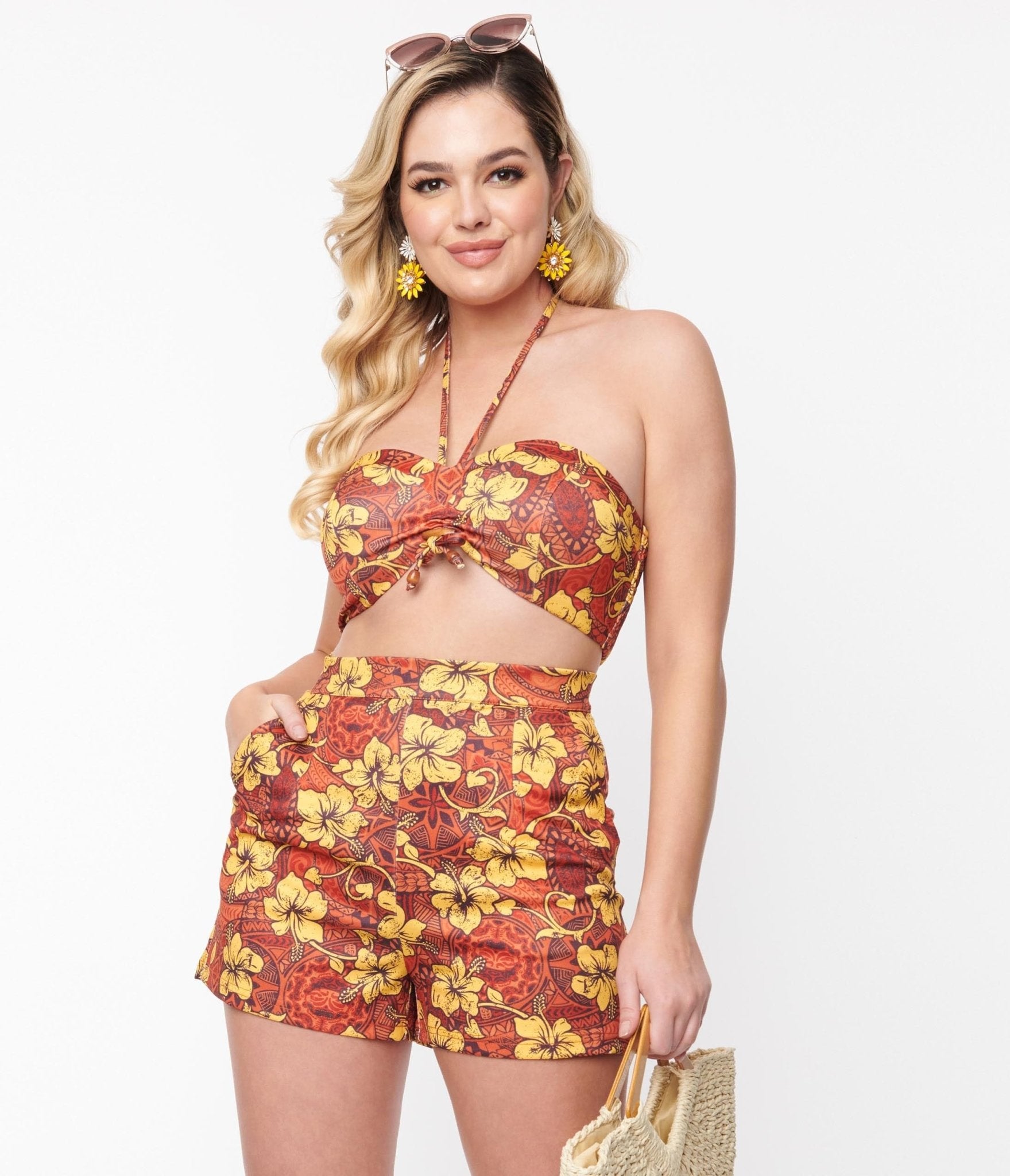Orange & Yellow Tropical Floral Mimosa Tube Top - Women's Summer Beachwear for Vacation, Pool Party & Festival Outfits