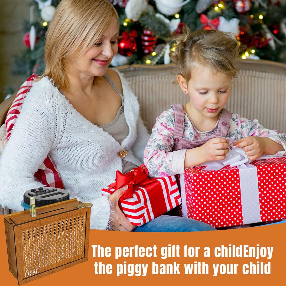 Wooden Cash Vault Savings Box - $10,000 Money Saving Challenge with Target Numbers - Piggy Bank for Adults & Kids - Perfect for Budgeting, Financial Goals, and Teaching Kids Money Management