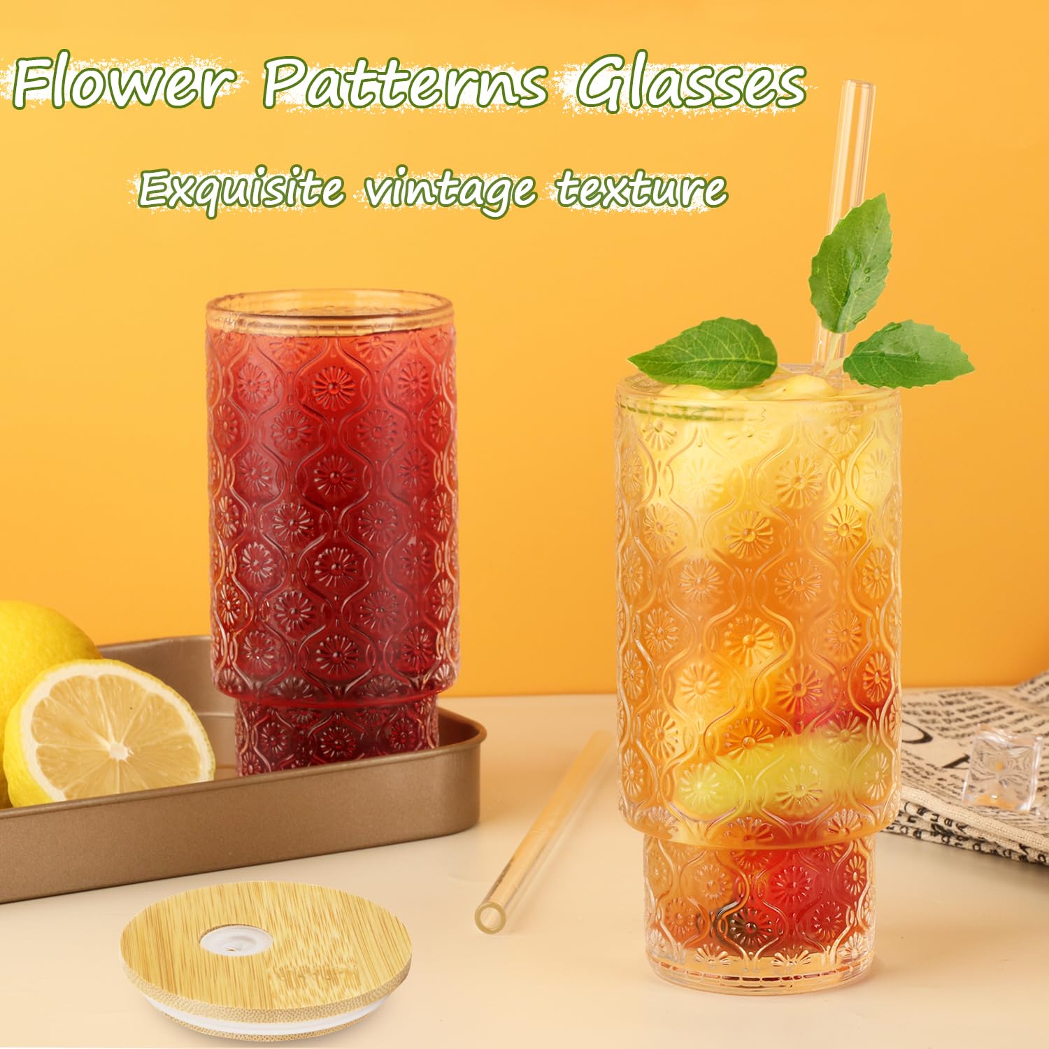 Gusnilo 6-Piece Set 11oz Glass Cups with Bamboo Lids & Straws - Stackable Vintage Hobnail Drinking Glasses for Coffee, Tea, Juice - Clear Glassware for Home, Restaurant, and Party Use (6Pcs)