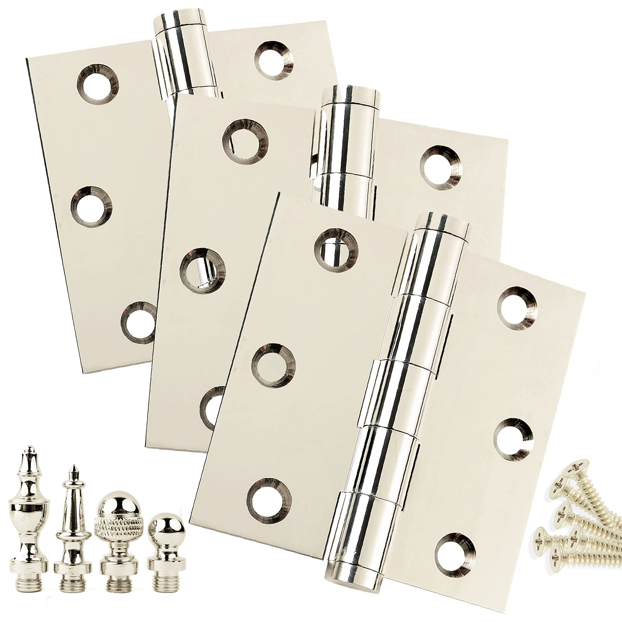 3 Pack Solid Brass Hinges 3x3 Inch - Polished Nickel Finish with Ball Tips - Heavy Duty Cabinet & Furniture Hardware for Doors, Drawers & DIY Projects