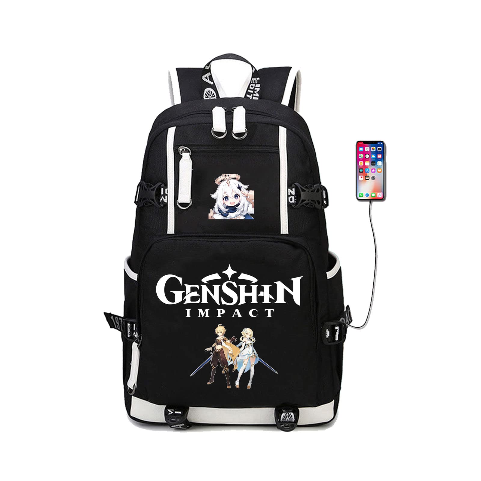 Genshin Impact Aether Lumine Cosplay Laptop Backpack - 15.6 Inch USB Charging Port School Bag for Travel, Work & College | Anime Gaming Backpack for Conventions, Daily Use & Outdoor Adventures