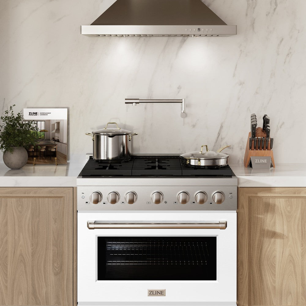 ZLINE 36-inch 5.2 cu.ft Stainless Steel Dual Fuel Range - 6 Burner Gas Cooktop & Electric Convection Oven with White Matte Door (SDR WM 36) - Perfect for Professional Home Kitchens & Modern Cooking