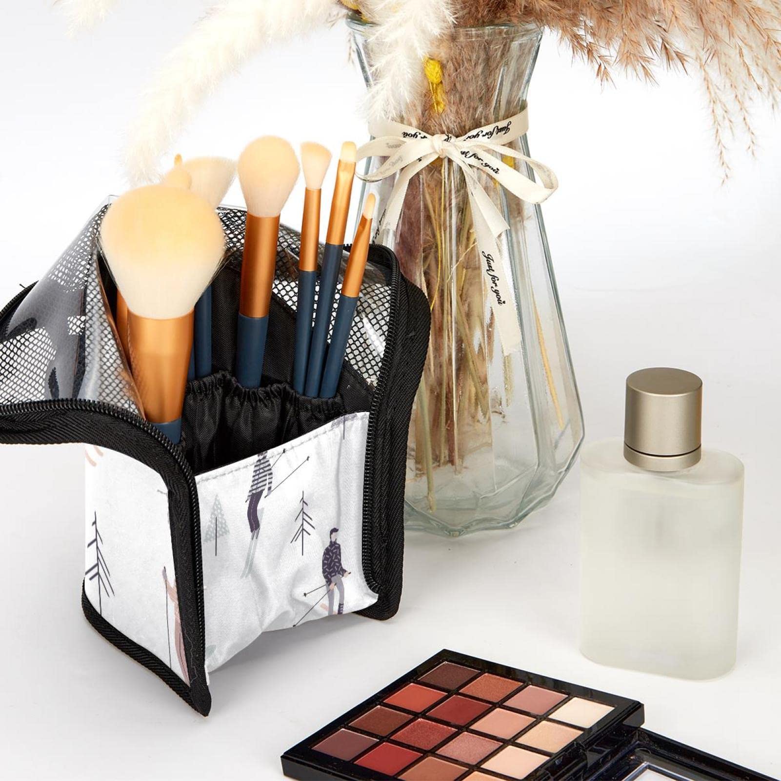 Portable Makeup Brush Organizer Bag with 12 Slots - Cute Tree & Skiing Cartoon Design - Travel Cosmetic Brush Holder Case for Home, Travel & Professional Makeup Artists