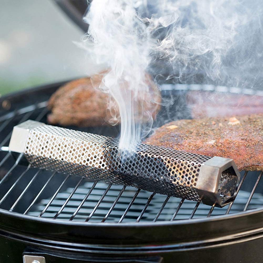 Premium 12 Inch Stainless Steel Hexagonal Pellet Smoker Tube for BBQ - Includes 2 S-Shaped Hooks & Cleaning Brush - Hot/Cold Smoking Accessory for Grills, Smokers, Camping & Outdoor Cooking