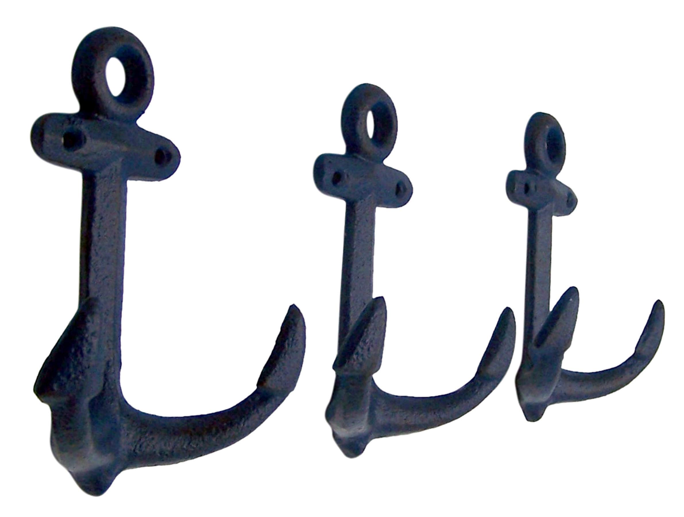 Wowser Nautical Cast Iron Ship Anchor Wall Hooks - 6 Inch Set of 3 (Blue) - Perfect for Beach House Decor, Coastal Theme Bedroom & Bathroom Organization