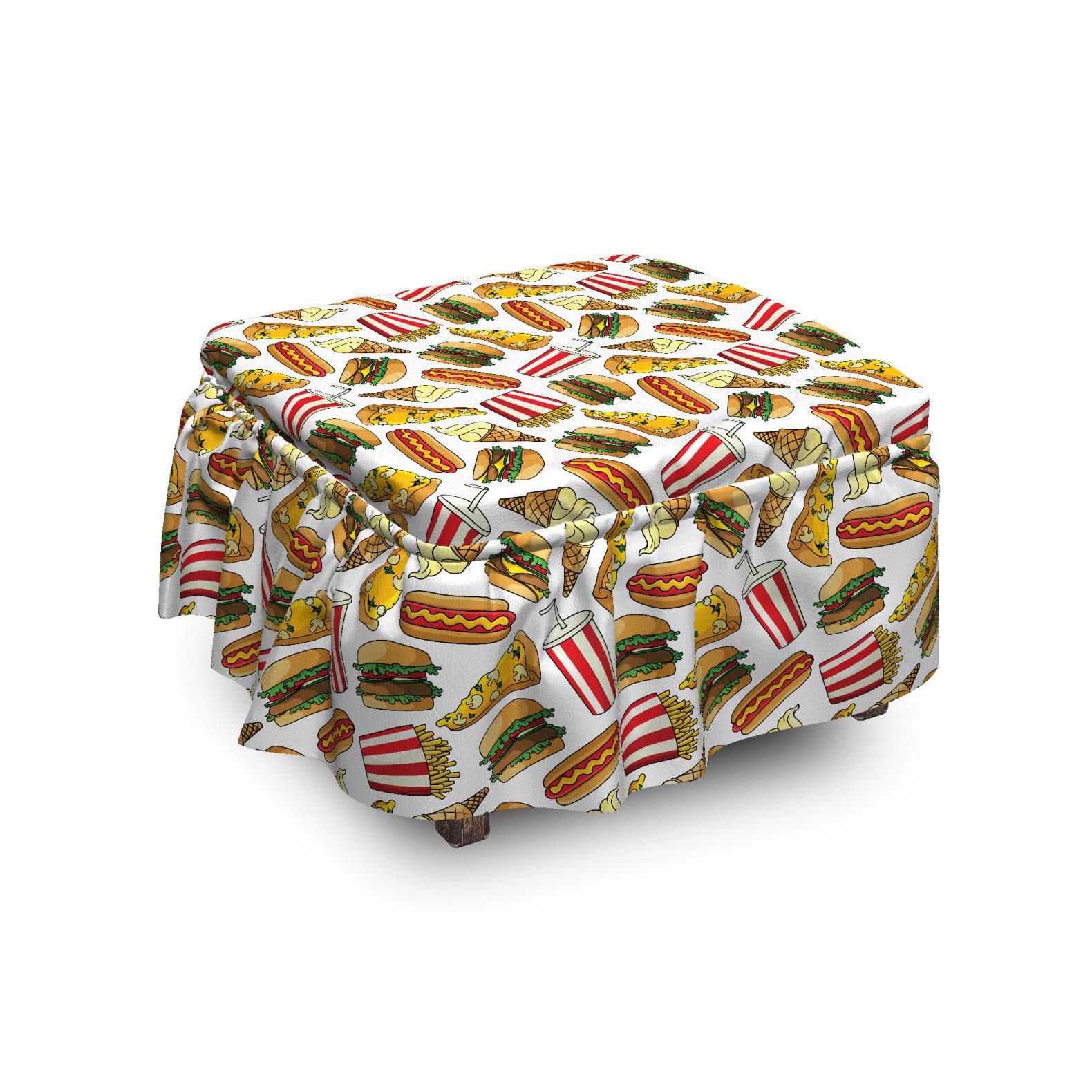 Ambesonne Fast Food Cartoon Ottoman Cover Set - 2 Piece Slipcover with Ruffle Skirt for Square/Round Footstools, Home Decor Accent, Standard Size, Multicolor | Perfect for Living Room, Bedroom & Dorm Decoration