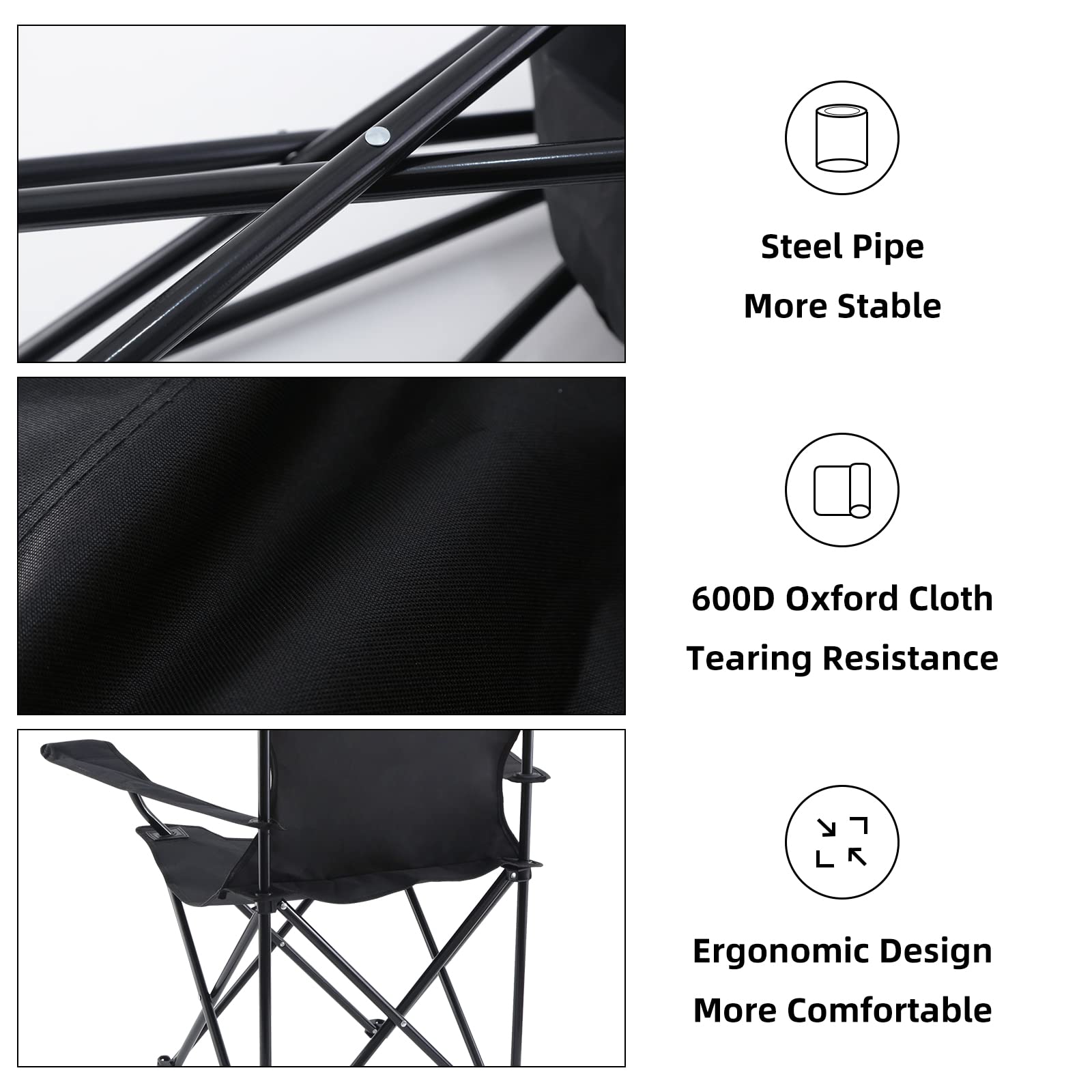 YSSOA Portable Folding Camping Chair - Lightweight Outdoor Chair for Hiking, Picnics, Beach, Fishing & Backyard (Black) | Compact Sports Chair with Carry Bag | Perfect for Camping, Travel & Outdoor Events