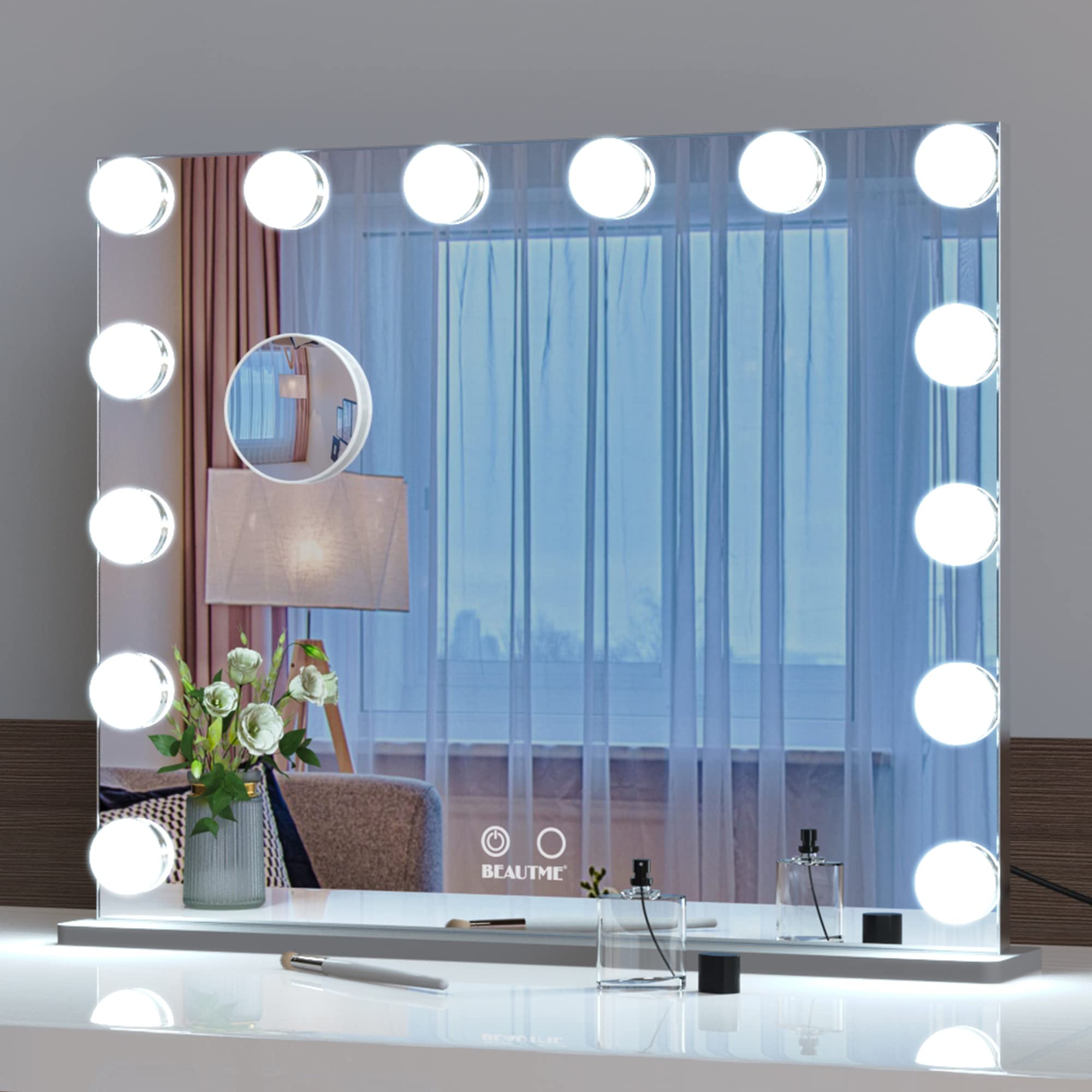 BEAUTME Hollywood Style Vanity Mirror with LED Lights - 24.4x19.7 Inch Tabletop/Wall Mounted Makeup Mirror, Detachable 10X Magnification for Precise Makeup Application - Perfect for Dressing Room, Bedroom & Bathroom Vanity (Silver)