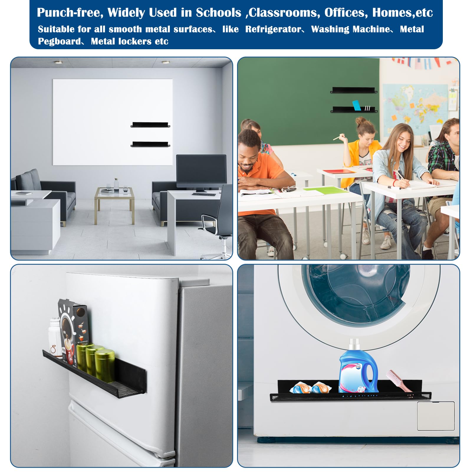 2-Pack Heavy Duty Metal Magnetic Bookshelf for Whiteboard & Refrigerator - 17 Inch Floating Book Display with Marker & Eraser Holder - Perfect for Classroom, Kids Room, Office & Teacher Organization (Space-Saving Storage Solution)