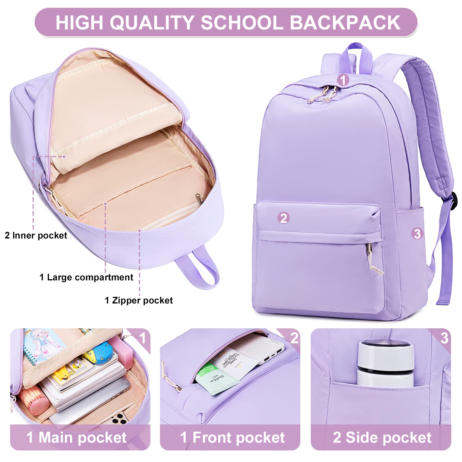 Teen Girls School Backpack - Laptop Bookbag for Travel & College (Purple)