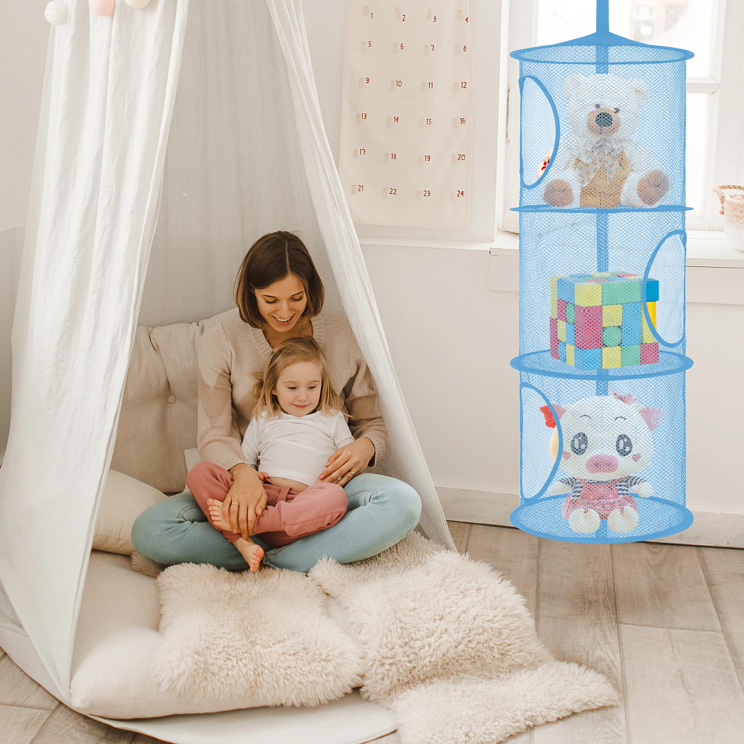 Libeder Mesh Hanging Storage Organizer - Foldable 3-Compartment Space Saver Bags for Toys, Clothes & Accessories | Perfect for Kids Room, Bathroom & Closet Organization (2-Pack, Blue) | Ideal for Small Space Storage & Travel Packing