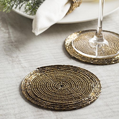 Prisha India Handmade Gold Beaded Tea Coasters Set of 4 - 4 Inch Round Coasters for Tea Cups, Coffee Mugs & Hot Beverages - Elegant Table Decor for Home, Office & Gifts