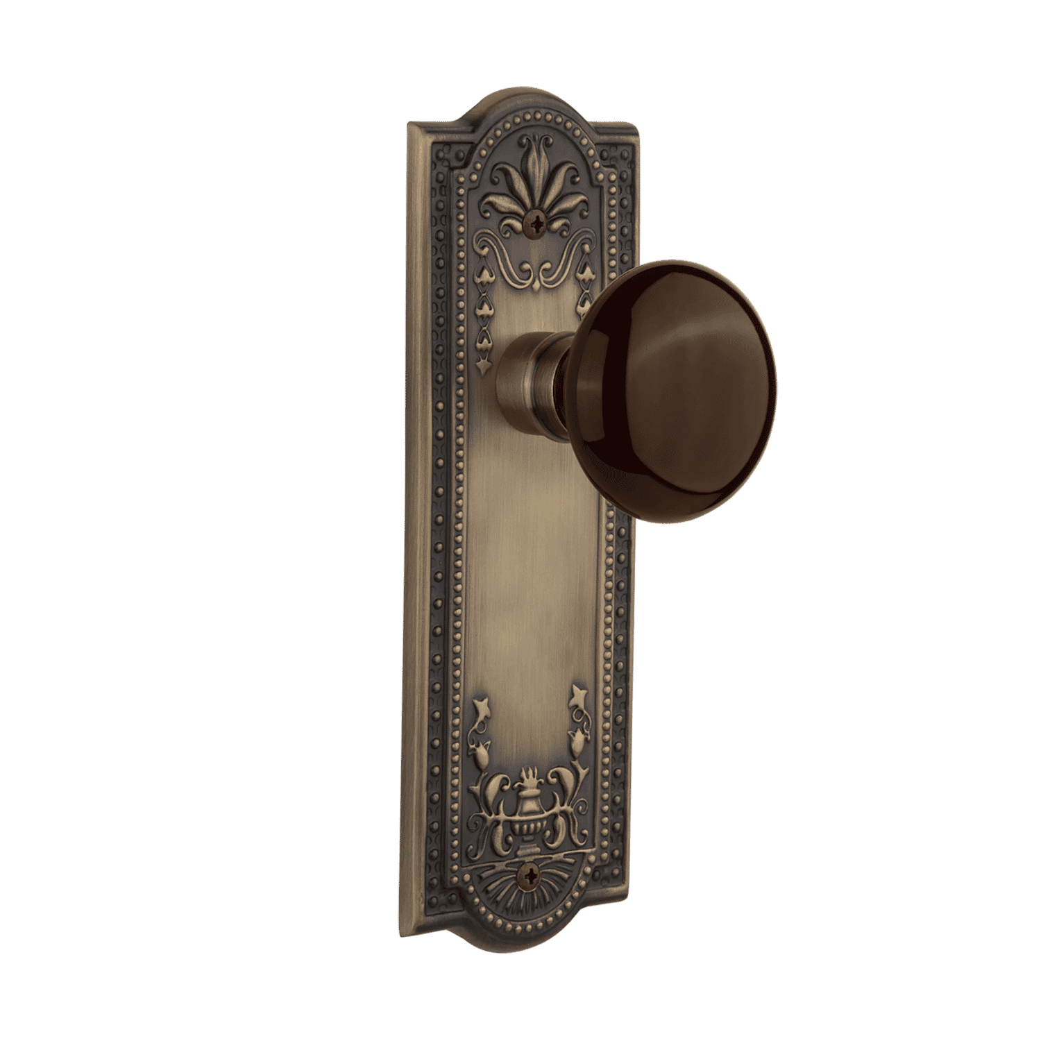 Antique Brass Brown Porcelain Knob Meadows Long Plate - Elegant Cabinet & Drawer Hardware for Vintage Kitchen & Bathroom Decor