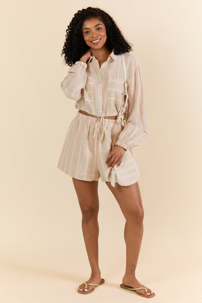 Dream Destination Striped Long Sleeve Top and Shorts Set - Women's Casual Loungewear Outfit for Travel, Vacation & Relaxation