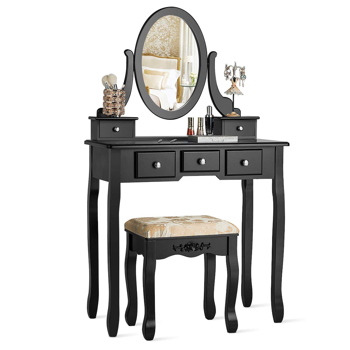 CHARMAID Vanity Table Set with Rotatable Oval Mirror & 5 Drawers - Makeup Dressing Table with Cushioned Stool for Women & Girls, Bedroom Furniture (Black) | Perfect for Small Spaces, Cosmetics Organization & Glam Room Decor
