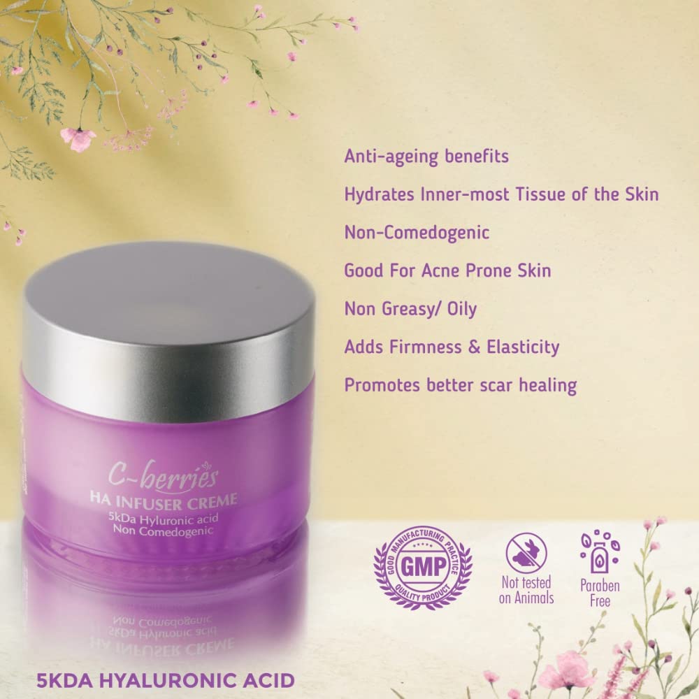 C-berries HA Infuser Cream - 50ml | 5kDa Hyaluronic Acid Face Moisturizer for Dark Spots & Uneven Skin Tone | Non-Comedogenic, Paraben-Free | Day & Night Hydration for Dry, Sensitive Skin | Perfect for Daily Skincare Routine & Anti-Aging Care