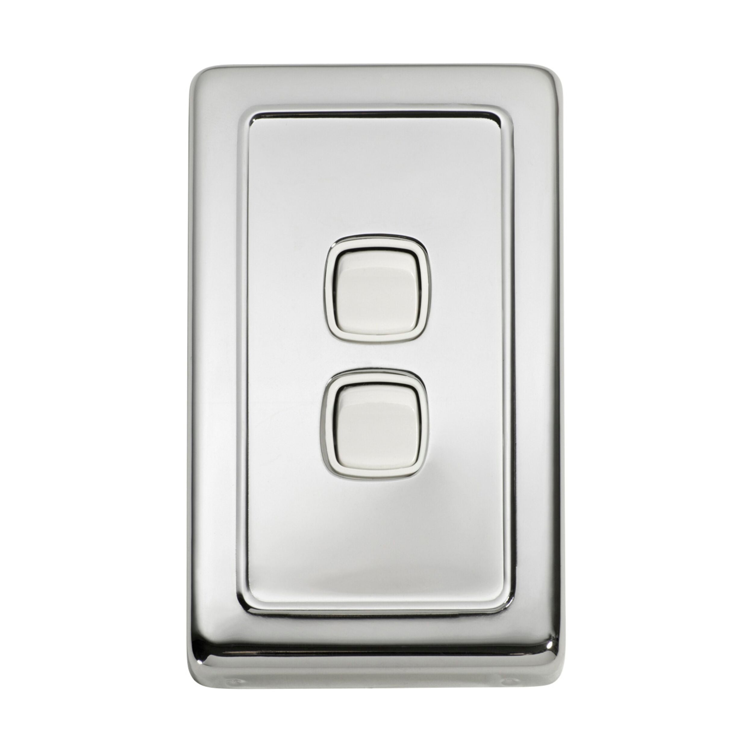 2 Gang White Chrome Plated Rocker Switch Flat Plate - 115x72mm (HxW) - Ideal for Home, Office & Commercial Electrical Installations