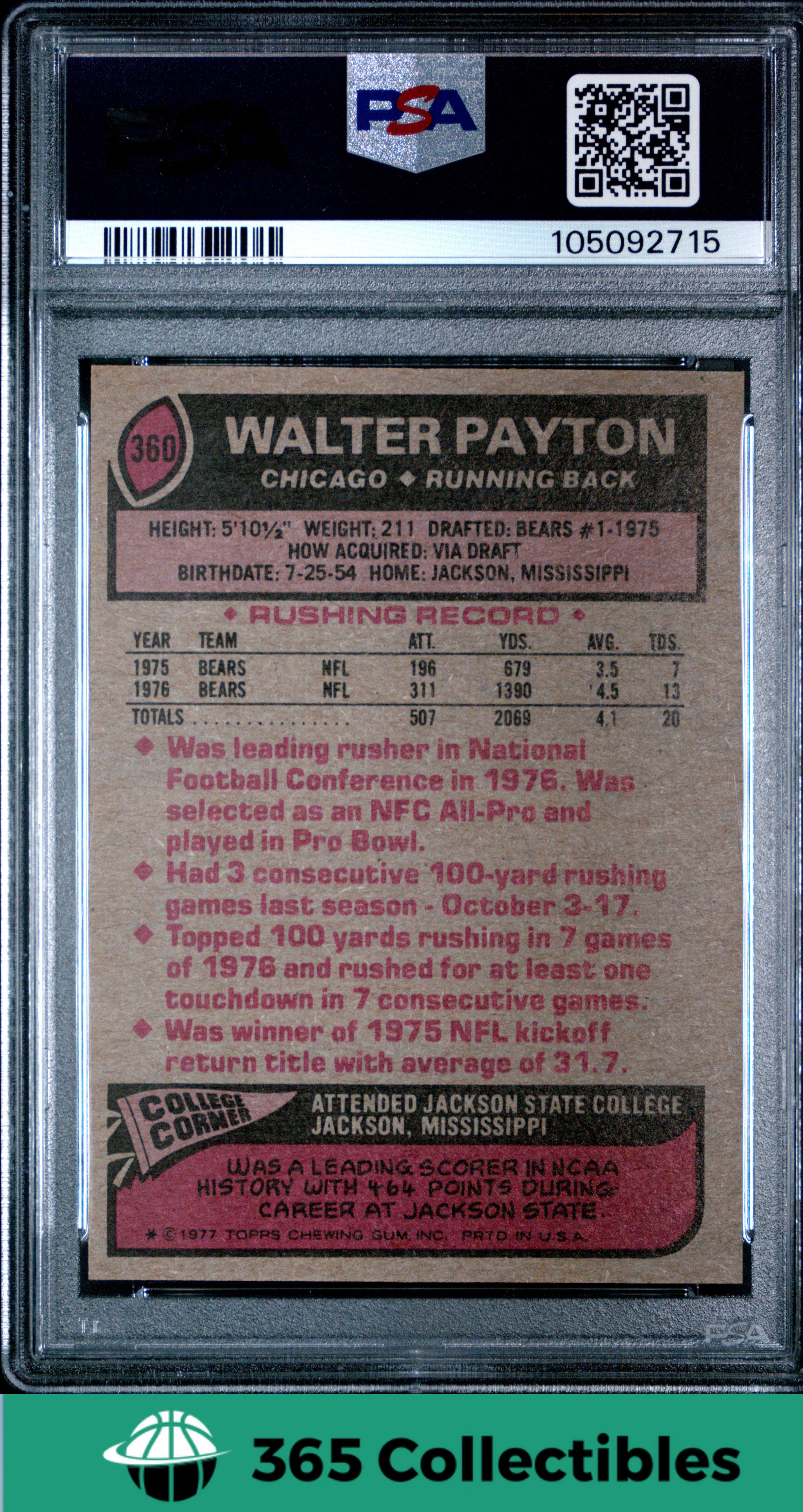 1977 Topps Walter Payton All Pro #360 Football Card - Chicago Bears PSA 7 NM-MT - Vintage NFL Collectible for Sports Memorabilia & Fan Display