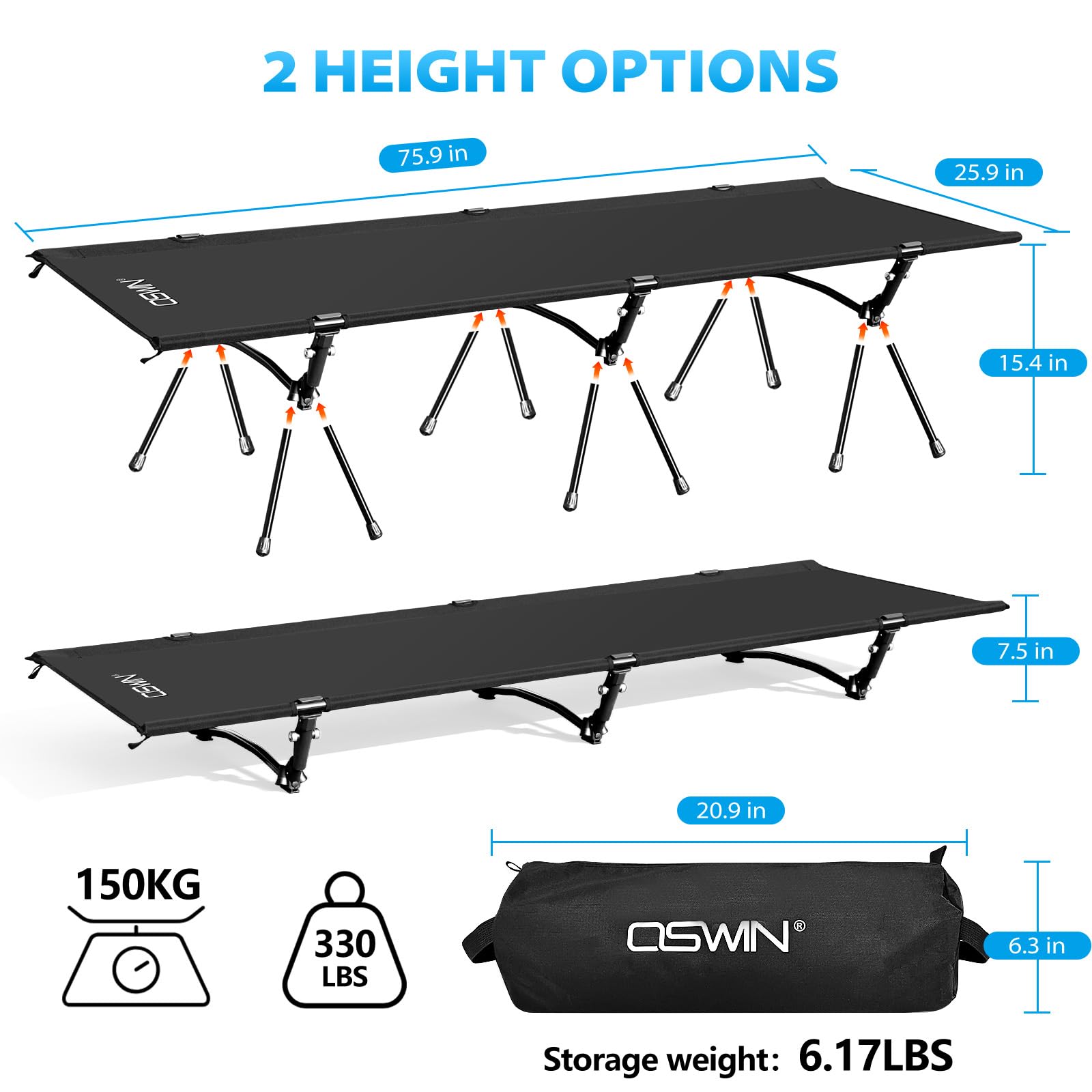 OSWIN Ultralight Folding Camping Cot - 330lb Capacity for Backpacking, RV & Beach
