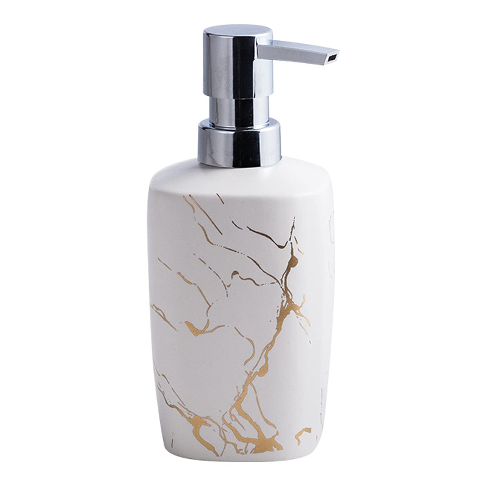 WENMENG2021 Automatic Soap Dispenser - 350ml Ceramic Bathroom Soap Dispenser with Golden Marble Texture & Matte Metal Surface, Spring Pump Head (White) - Perfect for Kitchen, Bathroom, and Office Hygiene