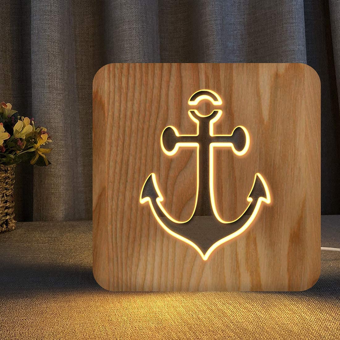 Handcrafted Wooden Sailing Boat Anchor Night Light - Warm White LED Nautical Bedside Lamp for Home, Bedroom, Party & Boat Decor | Unique Ocean-Themed Gift for Men, Women & Sea Lovers | Perfect for Bedside Tables, Nurseries & Marine-Themed Weddings