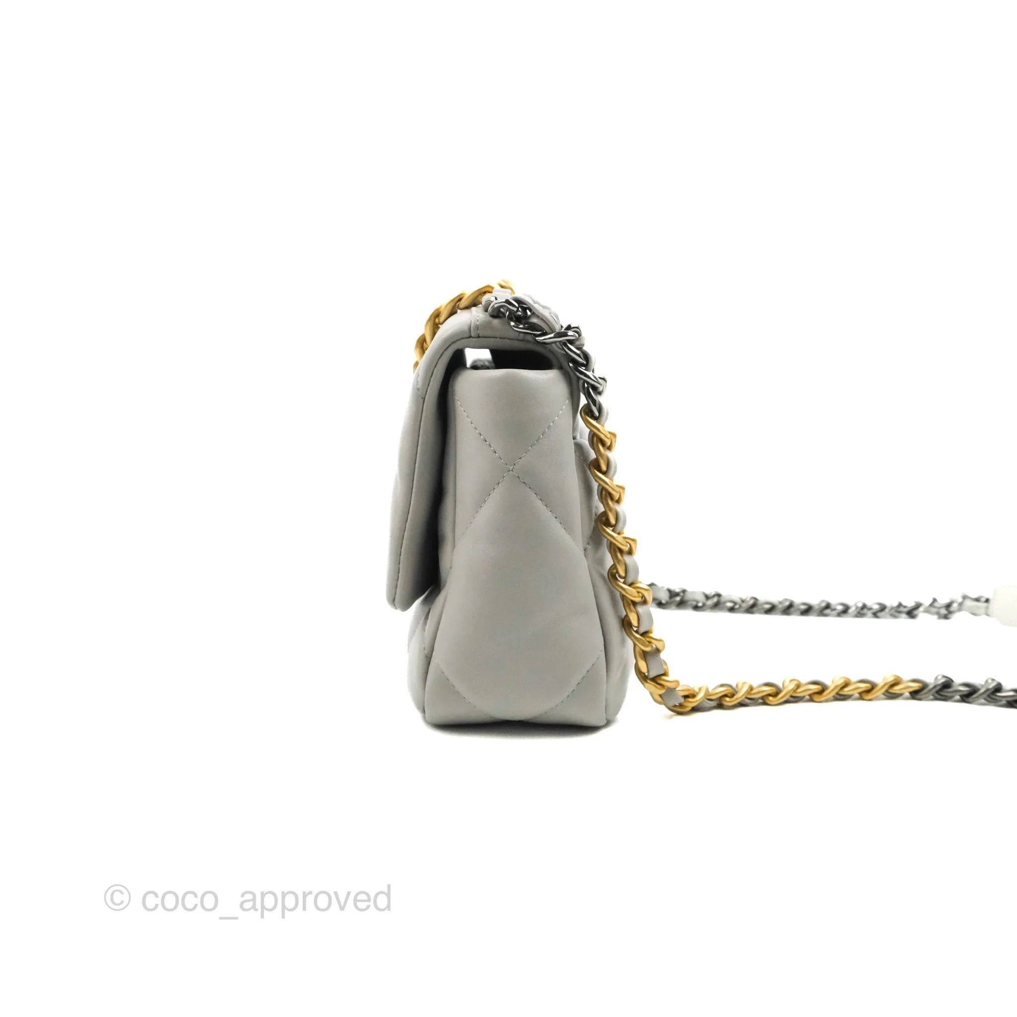 Chanel 19 Small Grey Lambskin Leather Bag with Mixed Gold & Silver Hardware - Perfect for Everyday Luxury & Evening Events