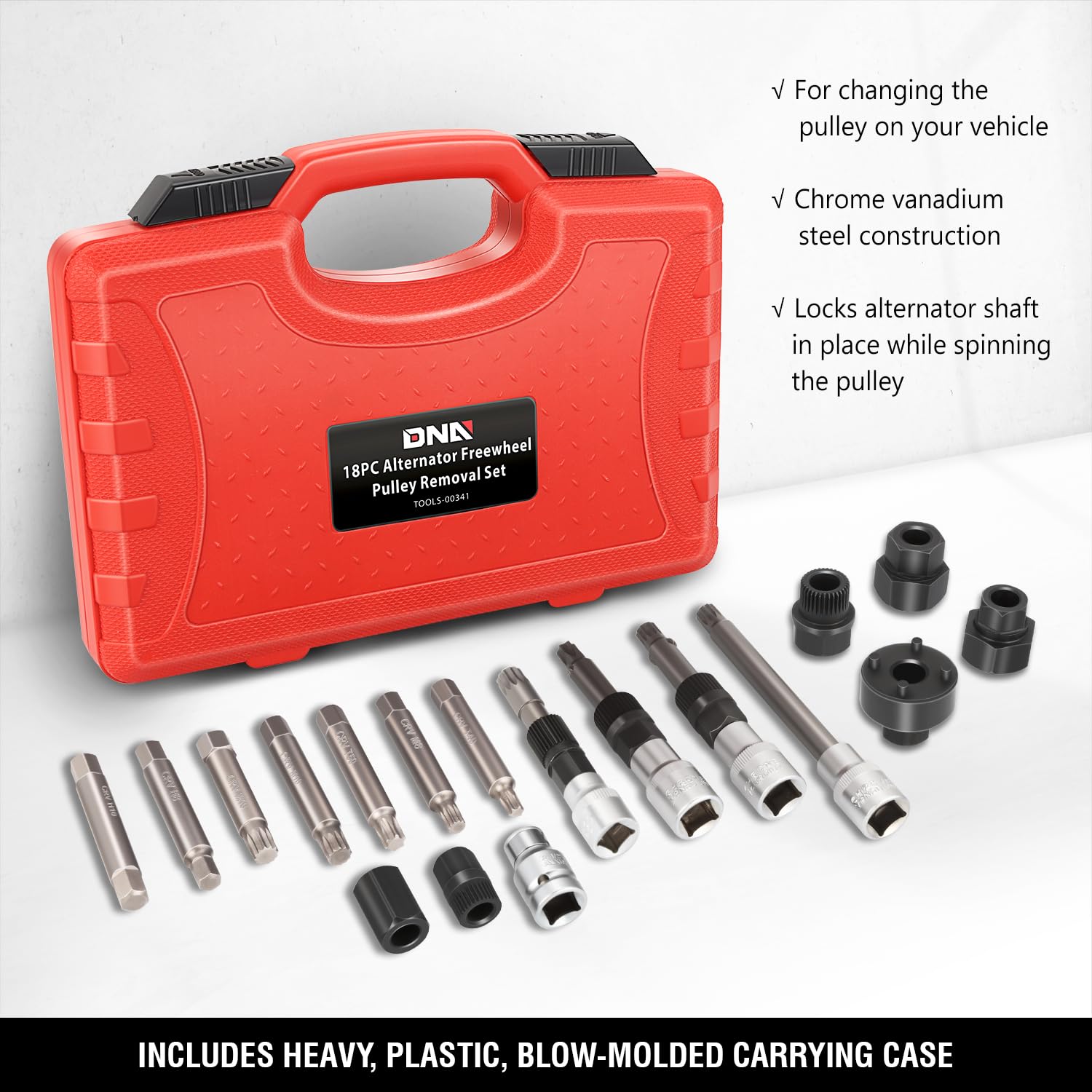 DNA MOTORING 18PCS Alternator Freewheel Pulley Removal Set - Professional Automotive Repair Tools Kit with TRX-Star & Spline Hex Adapters (TOOLS-00341) - Perfect for Mechanics, DIY Car Maintenance & Auto Shop Repairs