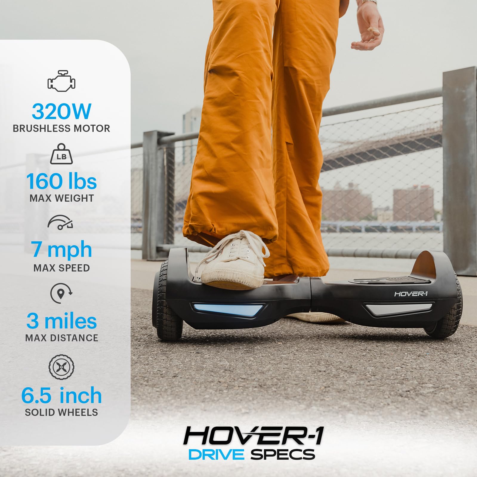 Hover-1 Drive Electric Hoverboard with LED Lights - 7MPH Top Speed, 3 Mile Range, Rechargeable Lithium-Ion Battery (6HR Charge) - Perfect for Commuting, Campus Travel & Outdoor Fun