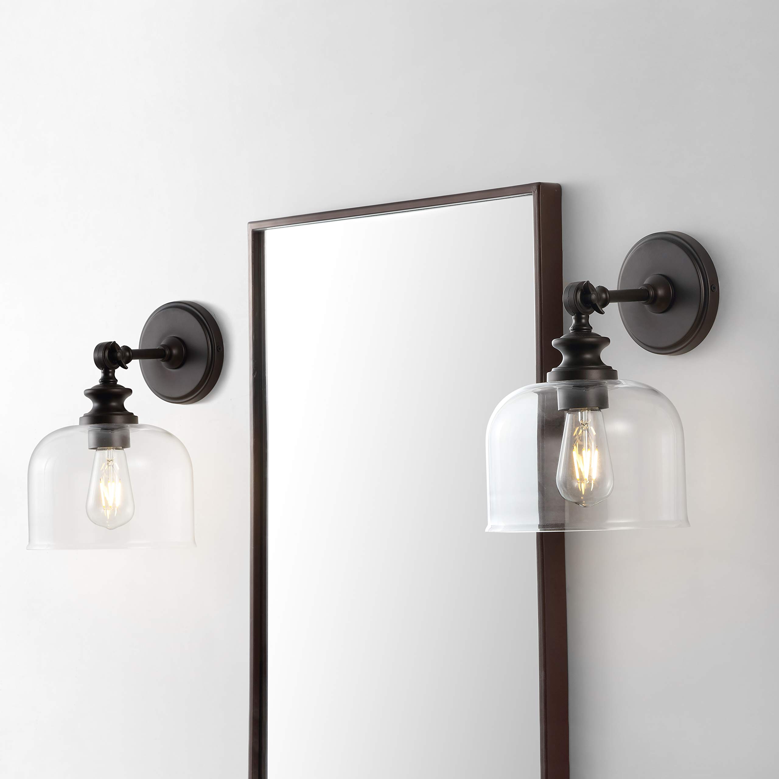 SAFAVIEH Neri Oil-Rubbed Bronze Wall Sconce with Glass Shade - Set of 2 LED Wall Lights for Bedroom, Hallway & Living Room - Modern Home Lighting Fixture SCN4065A-SET2