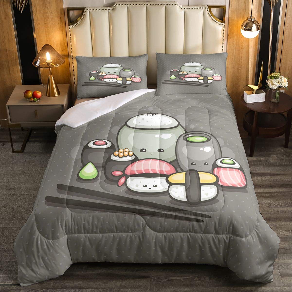 Feelyou Japanese Sushi Cartoon Comforter Set - Cute Gray Twin Size Duvet Cover for Kids, Teens & Adults - Perfect for Bedroom Decor, Themed Parties & Anime Lovers