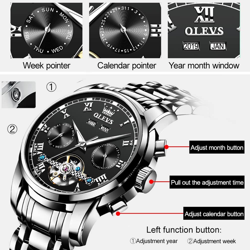 OLEVS Automatic Self-Winding Men's Watch - Stainless Steel Tourbillon Mechanical Watch with Luminous Hands | Waterproof Luxury Dress Watch for Business, Formal & Special Occasions