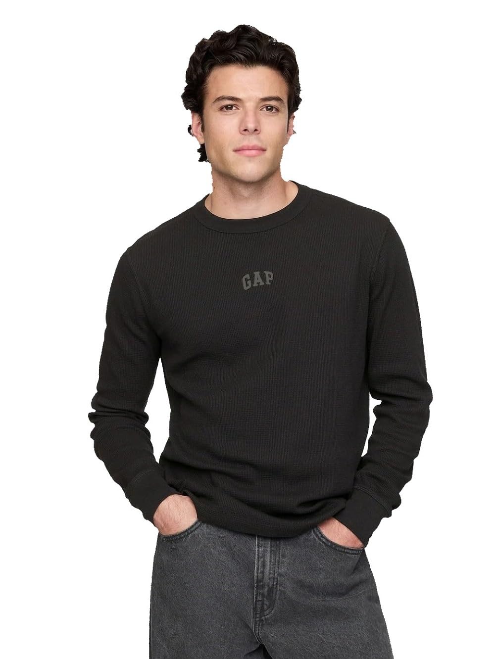 GAP Men's Long Sleeve Logo Waffle Crewneck T-Shirt - Soft Cotton Casual Shirt for Everyday Wear, Work & Outdoor Activities