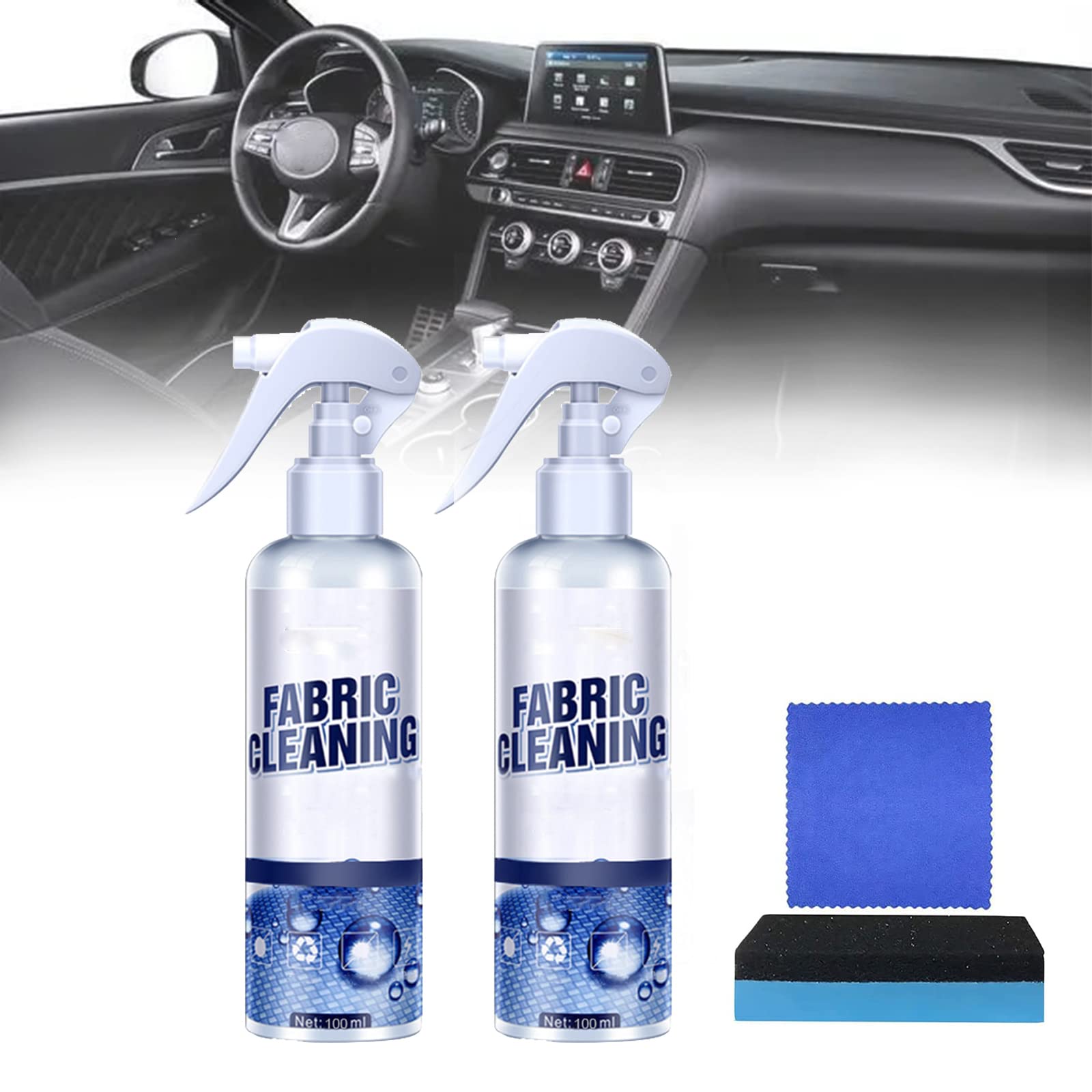 2 Pack Multi-Purpose Car Interior Cleaner Spray - 100ml Auto Fabric, Leather, Plastic & Rubber Cleaner with Sponge & Towel | Perfect for Car Seats, Dashboard, Carpets & Upholstery Cleaning