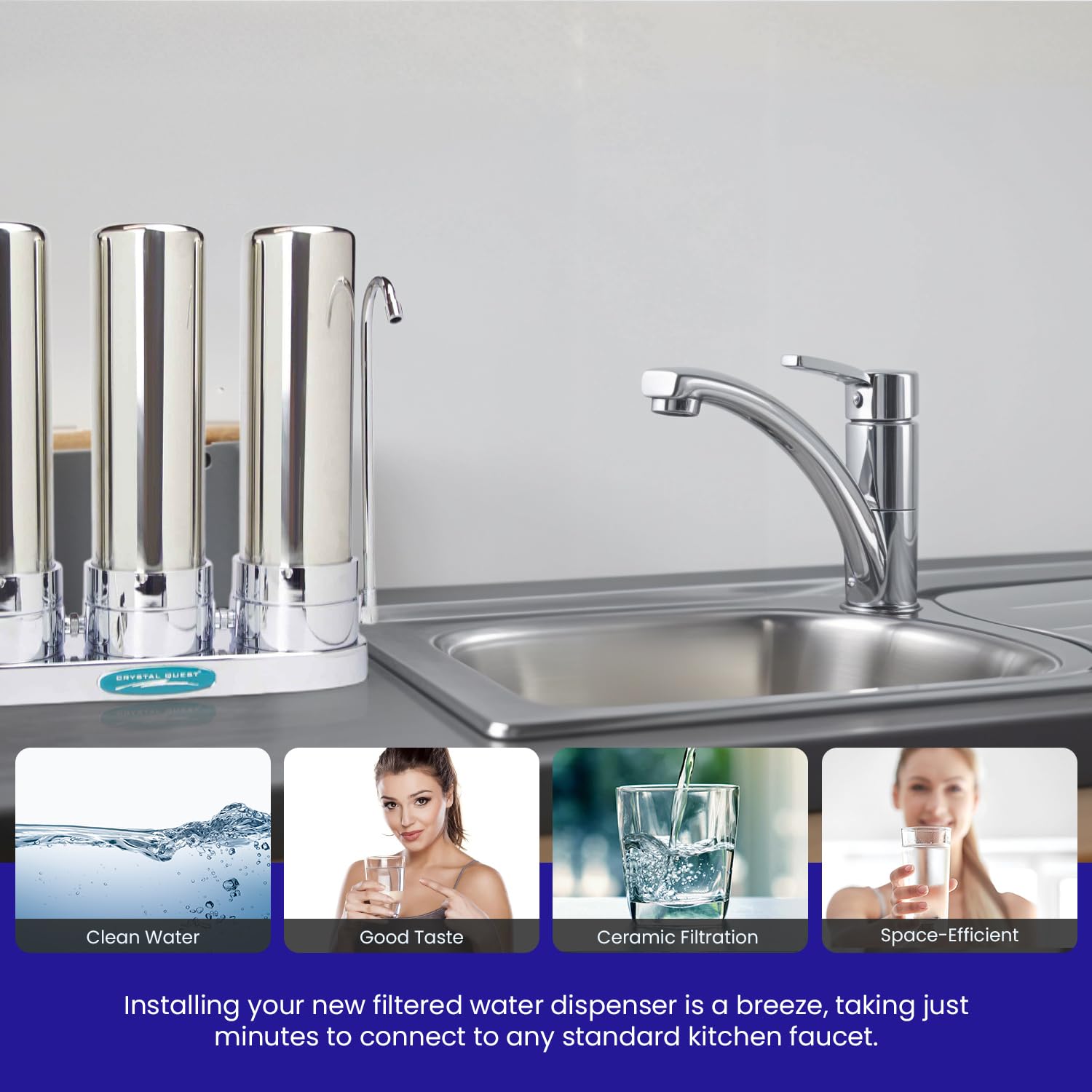 Premium Ceramic Countertop Water Filter System - Triple Filtration & Stainless Steel Housing | Crystal Quest | Perfect for Home, Office & RV Use