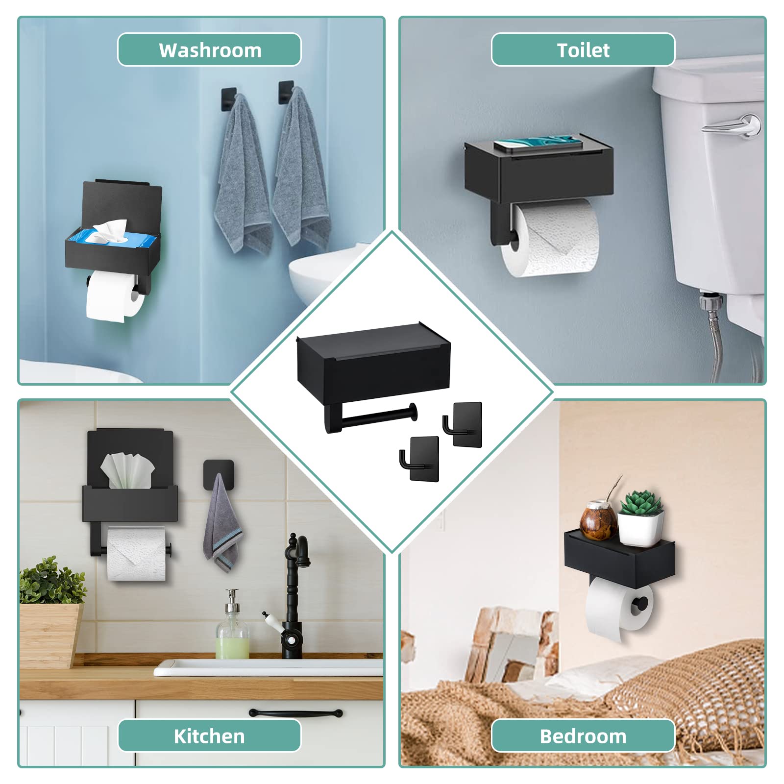 Matte Black Toilet Paper Holder with Shelf & Storage | 2-Pack Towel Robe Hooks | Flushable Wipes Dispenser | Adhesive or Screw Wall Mount | Bathroom Organization for Small Spaces & Modern Homes