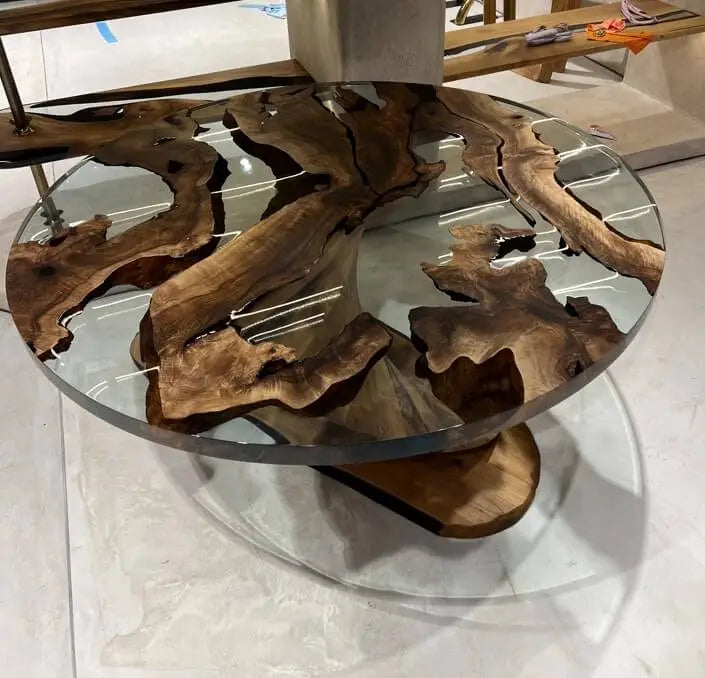 Handmade Round Epoxy Resin Table with Natural Walnut Wood Vortex Base - Modern Coffee Table for Living Room, Office & Dining Room Decor