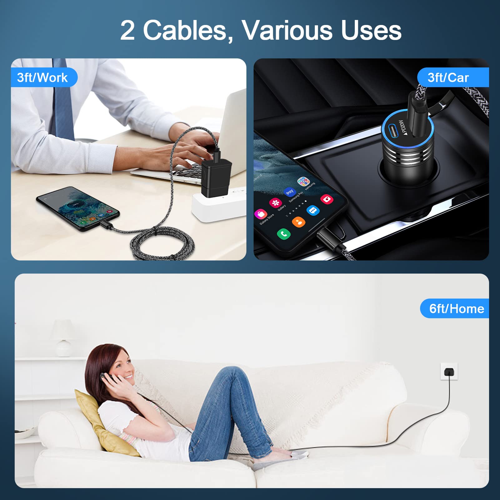 25W Type C Super Fast Samsung Charger Block & 38W Car Adapter with 3ft/6ft USB C Cables - Compatible with Galaxy S25 Ultra/S25+/S25/A16 5G/A15/A14/S24/S23/S22/S21 FE/S20/A13/A25/A54/A34/A53/Z Fold 6/5/4 - Perfect for Home, Office & Travel Charging