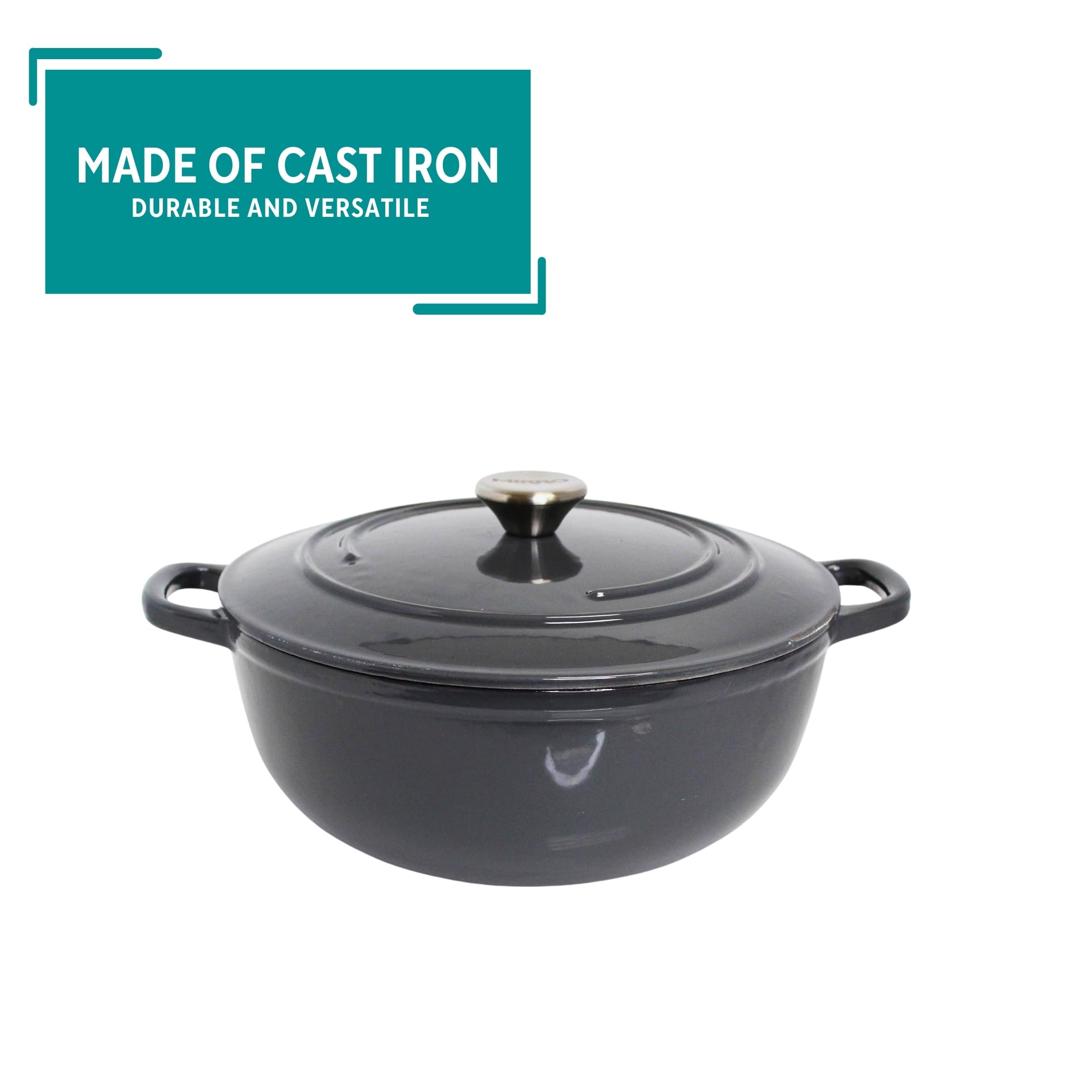 MIRRO 4.8 Quart Enameled Cast Iron Dutch Oven - Gray - Perfect for Baking, Braising, Roasting & Slow Cooking Soups, Stews & Bread