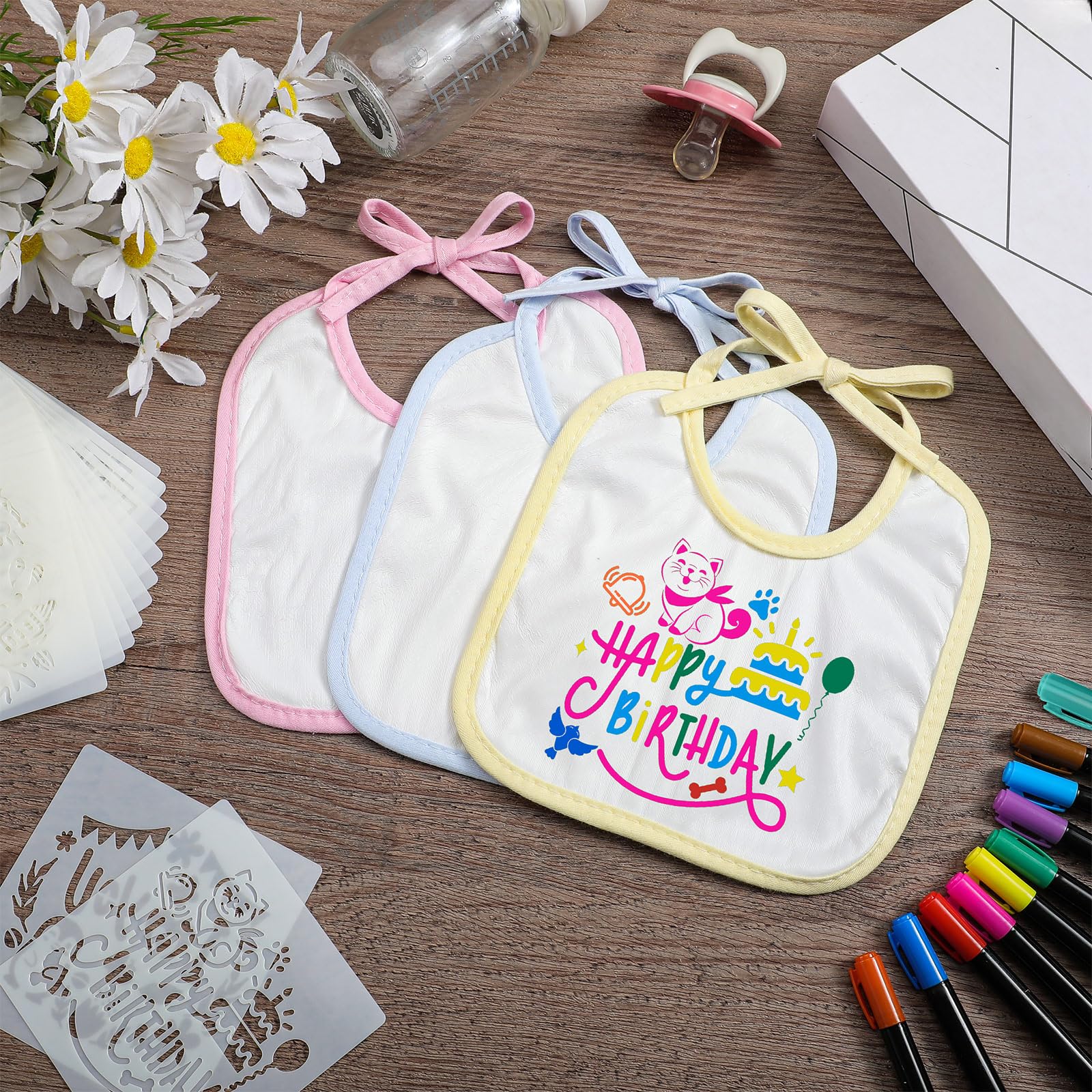 Jutom 38-Piece DIY Baby Bib Decorating Kit - 14 Bibs, 14 Stencils & 10 Fabric Markers with 2-Ply Feeder Bibs - Perfect for Baby Shower Games, Newborn Gifts & Creative Crafting
