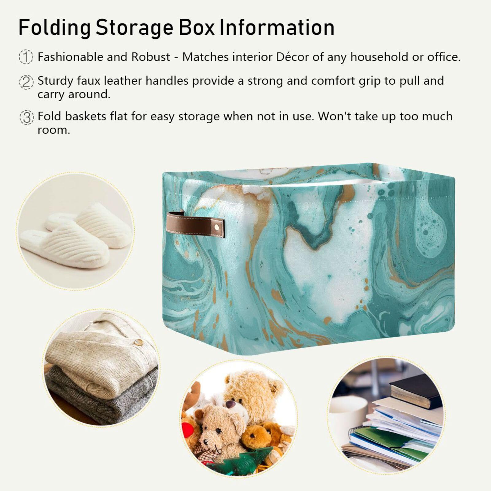 Turquoise Marble Storage Baskets 2-Pack - Large 15x11x9.5 Inch Canvas Toy & Clothes Organizer Bin for Home, Office, Nursery & Bathroom Decor
