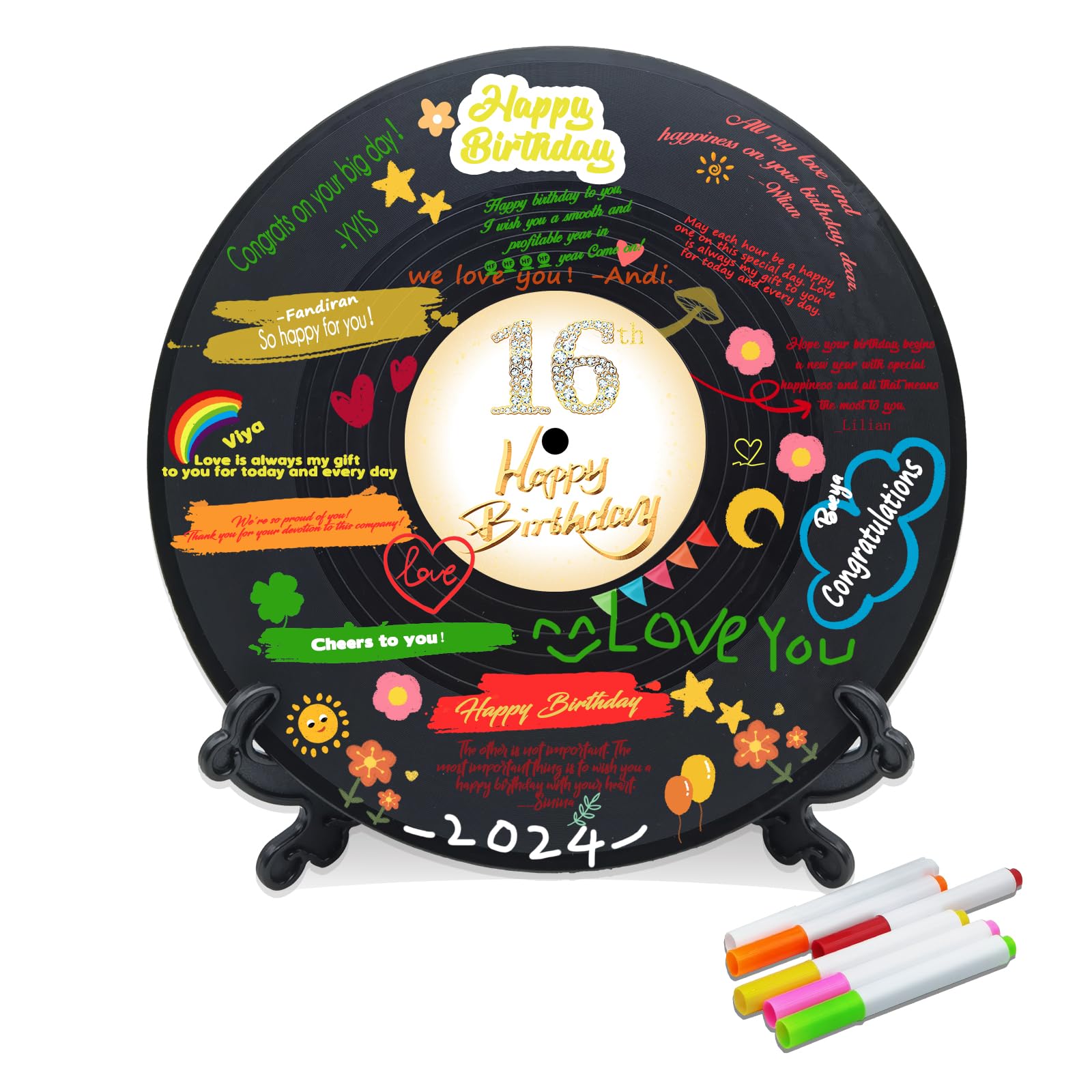Sweet 16 Vinyl Record Birthday Decorations - 11.6x11.6 Inch Party Sign Poster, Unique 16th Birthday Guest Book Alternative - Perfect Sweet 16 Gifts for Girls & Boys (16 Years Old) - Great for Birthday Parties, Milestone Celebrations & Room Decor