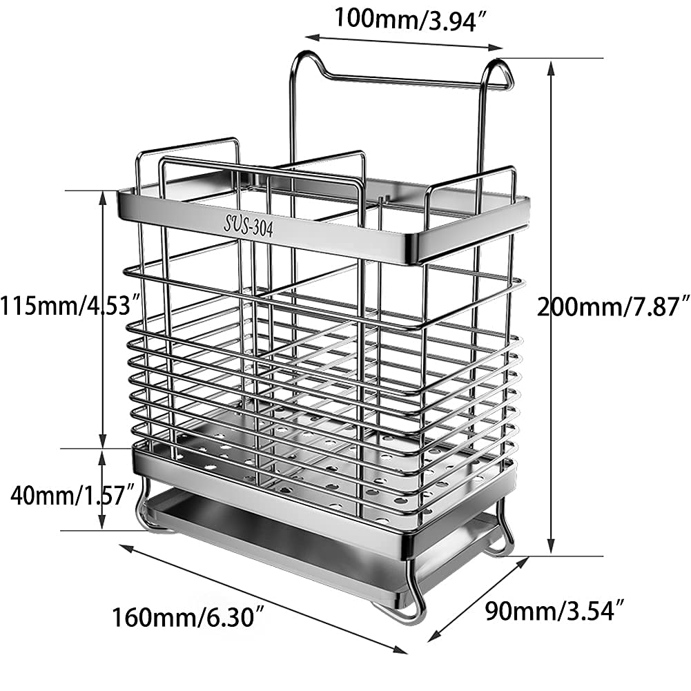 Premium 304 Stainless Steel 2-Tier Square Mesh Utensil Drying Rack - Chopsticks, Spoon, Fork & Knife Drainer Basket - Compact Flatware Storage Organizer for Kitchen Countertop, Dish Rack & Drip Tray