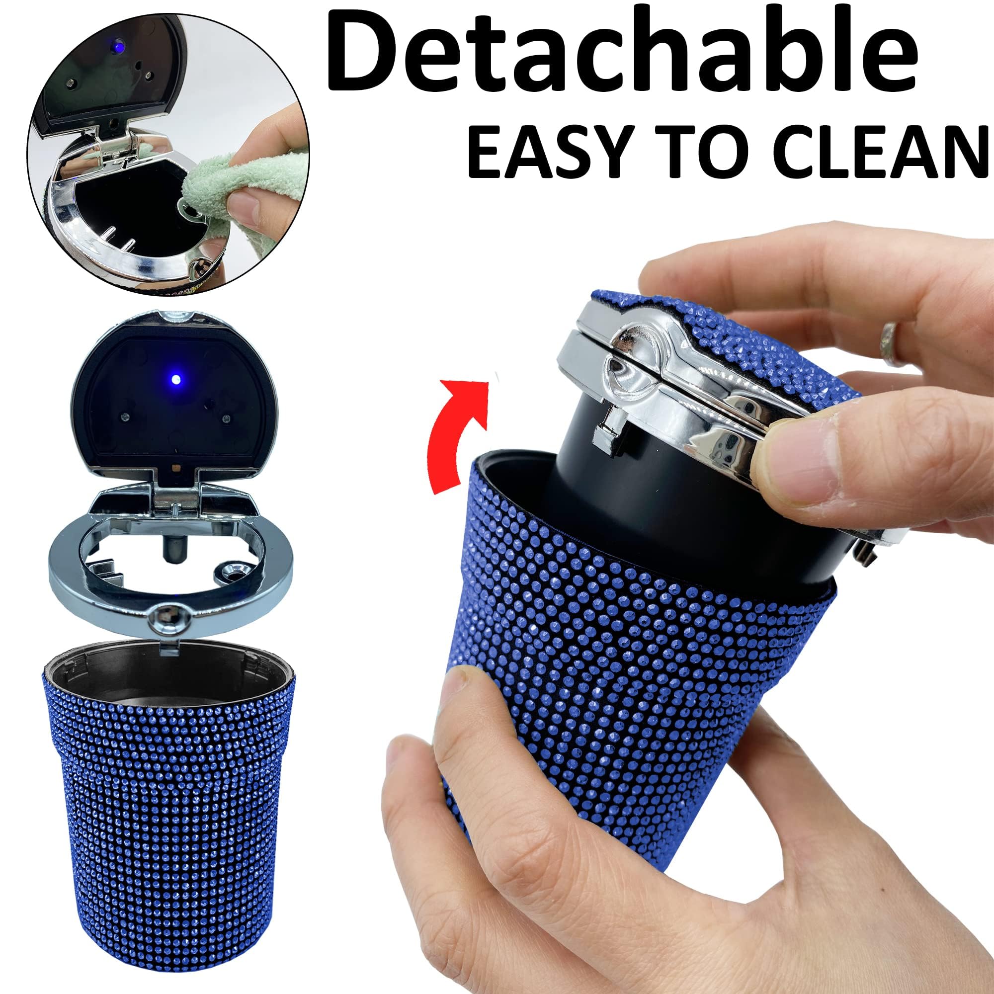 Premium Stainless Steel Car Ashtray with Lid & Blue LED Light - Smokeless Vehicle Cigarette Holder for Cup Holder - Ideal for Car, Home & Office Use (Blue)