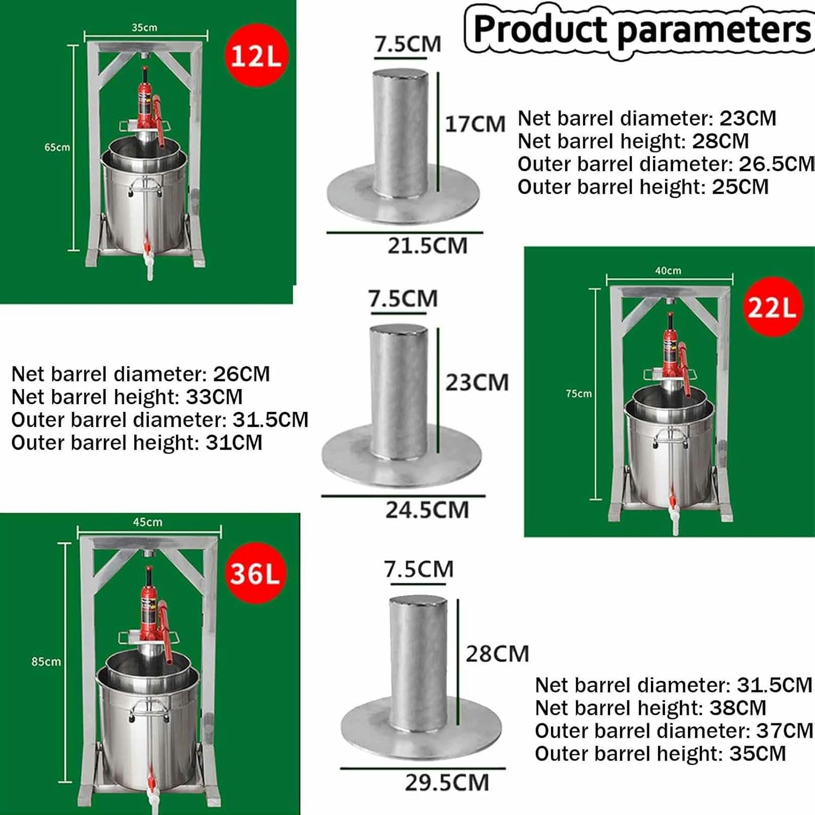Stainless Steel Hydraulic Fruit Press 12L/22L/36L - Manual Home Cider & Wine Press for Apple, Grape, Berry - Perfect for Homemade Juice, Wine Making, and Craft Brewing - Ideal for Home Brewers, Winemakers, and DIY Enthusiasts