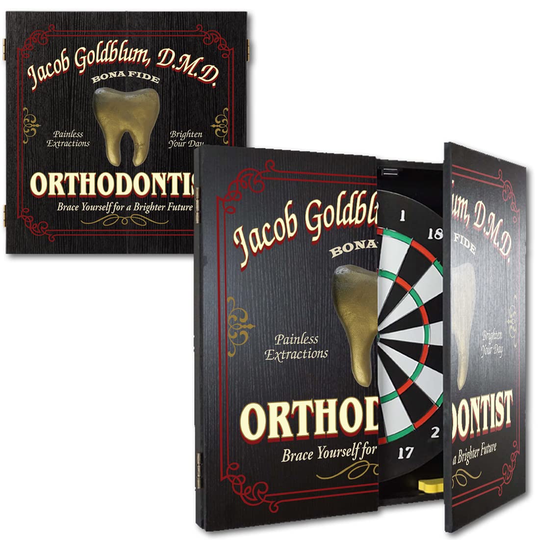 THOUSAND OAKS BARREL CO. Personalized Dartboard Cabinet Set with 6 Steel Tip Darts - Professional Bristle Dart Board for Adults - Includes Eraser & Chalk Scoreboard - Perfect for Game Rooms, Bars, and Man Caves