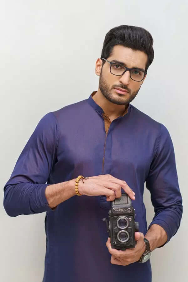 Stylish Blueish Purple and Brown Kurta with White Pyjama Set - Comfortable Ethnic Outfit for Festivals, Parties & Casual Wear
