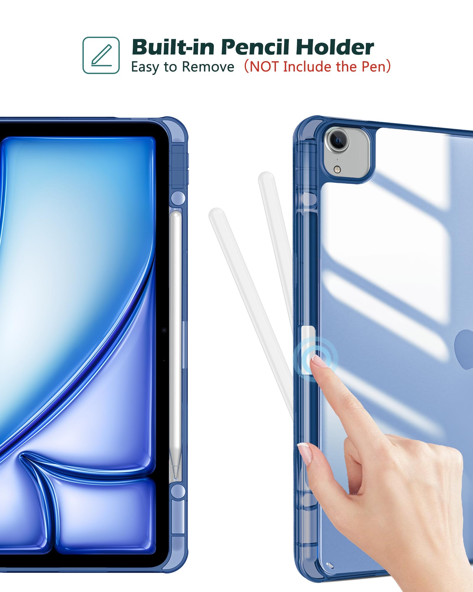 ProCase iPad Air 13 Inch Case 2025 M3/2024 M2 - Hybrid Protective Cover with Pencil Holder & Clear Transparent Back, Supports Touch ID & Auto Wake/Sleep - Navy Blue | Perfect for Work, School & Travel Protection