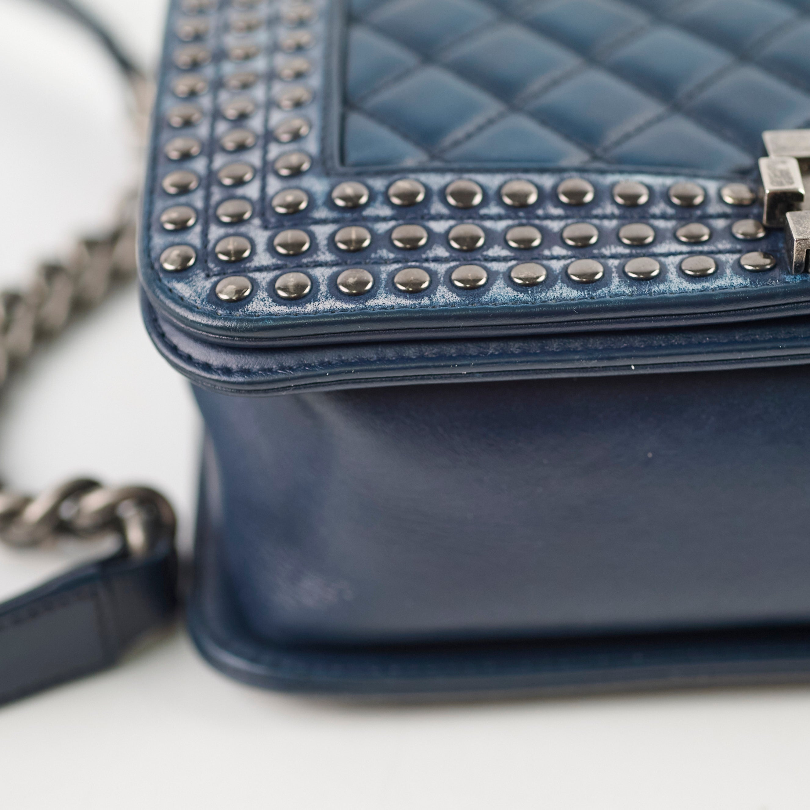 Chanel Old Medium Boy Bag in Navy with Studded Details - Luxury Crossbody Bag for Women, Perfect for Parties & Evening Events
